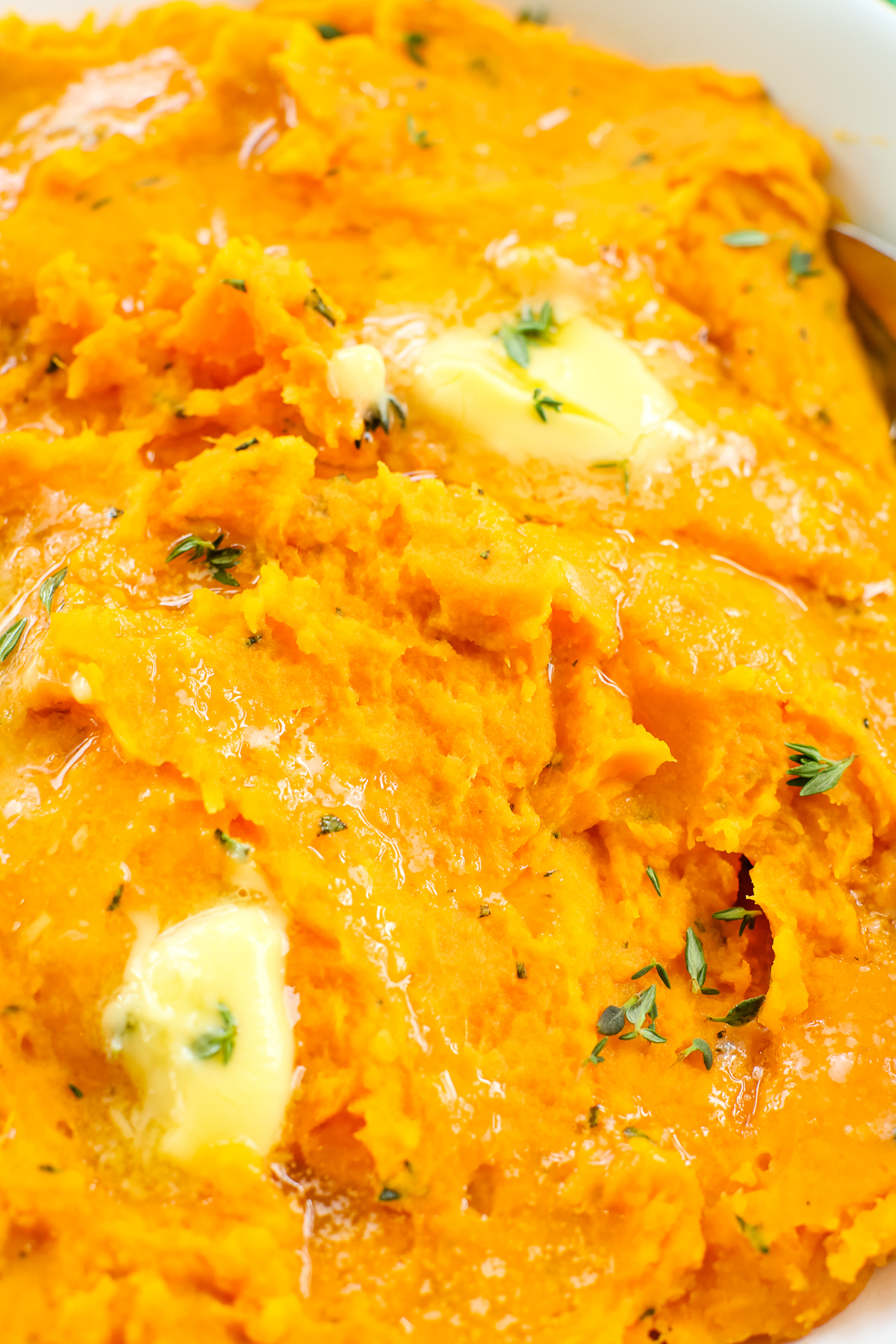 very close photo showing the texture of Savory Mashed Sweet Potatoes Recipe