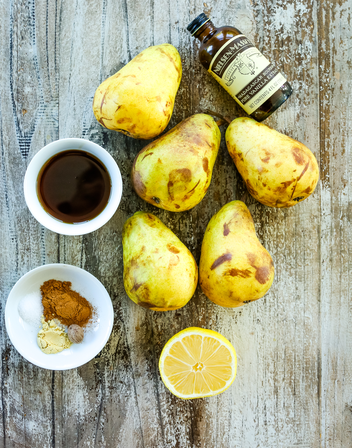 pear compote ingredients overhead shot