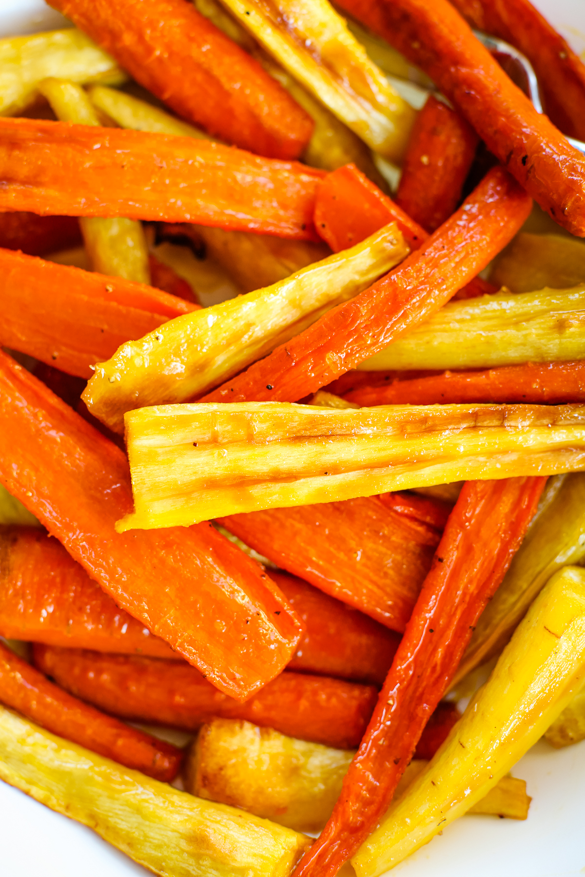 close up photo of honey roasted carrots and parsnips recipe
