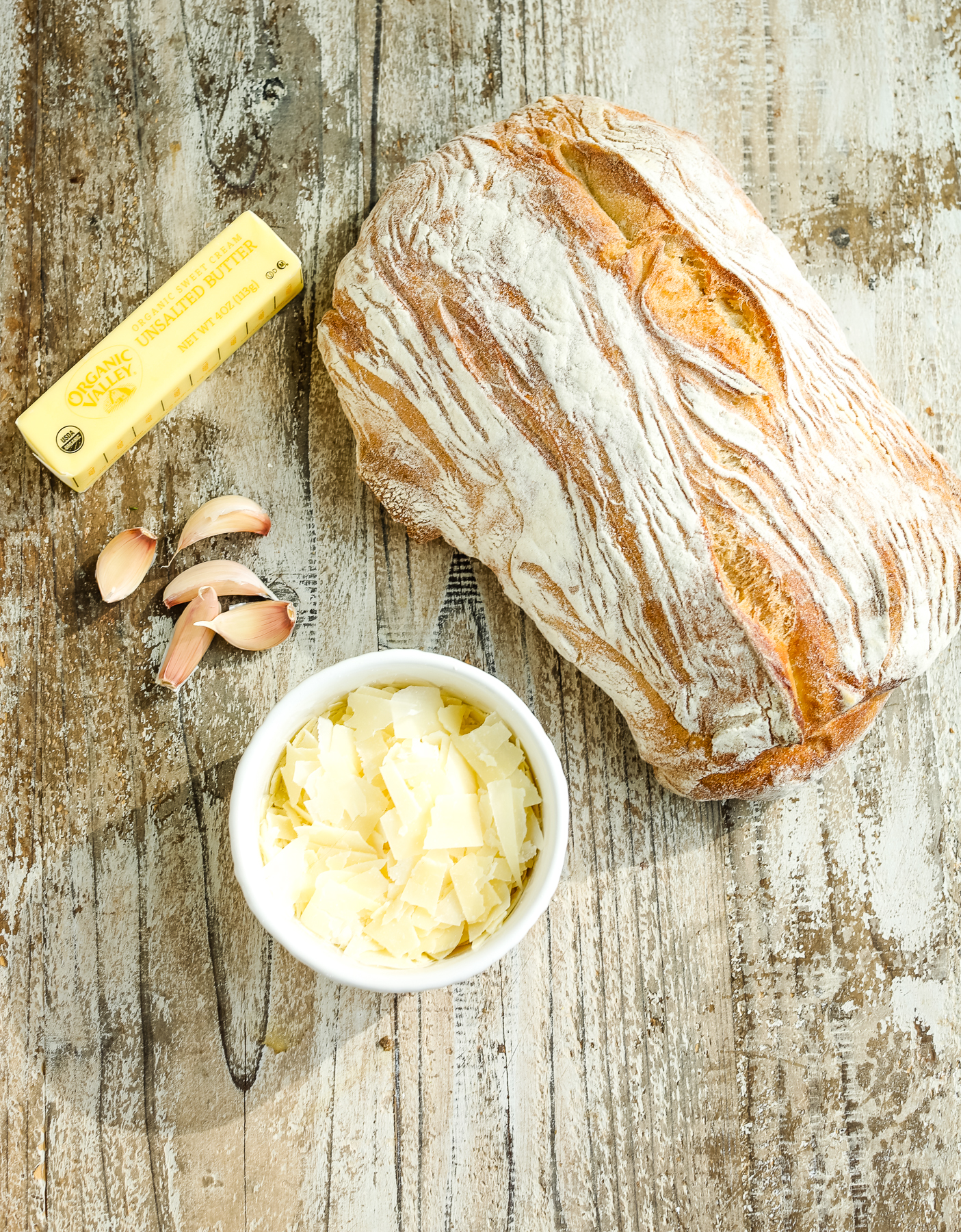 stuffed garlic bread recipe ingredients overhead shot