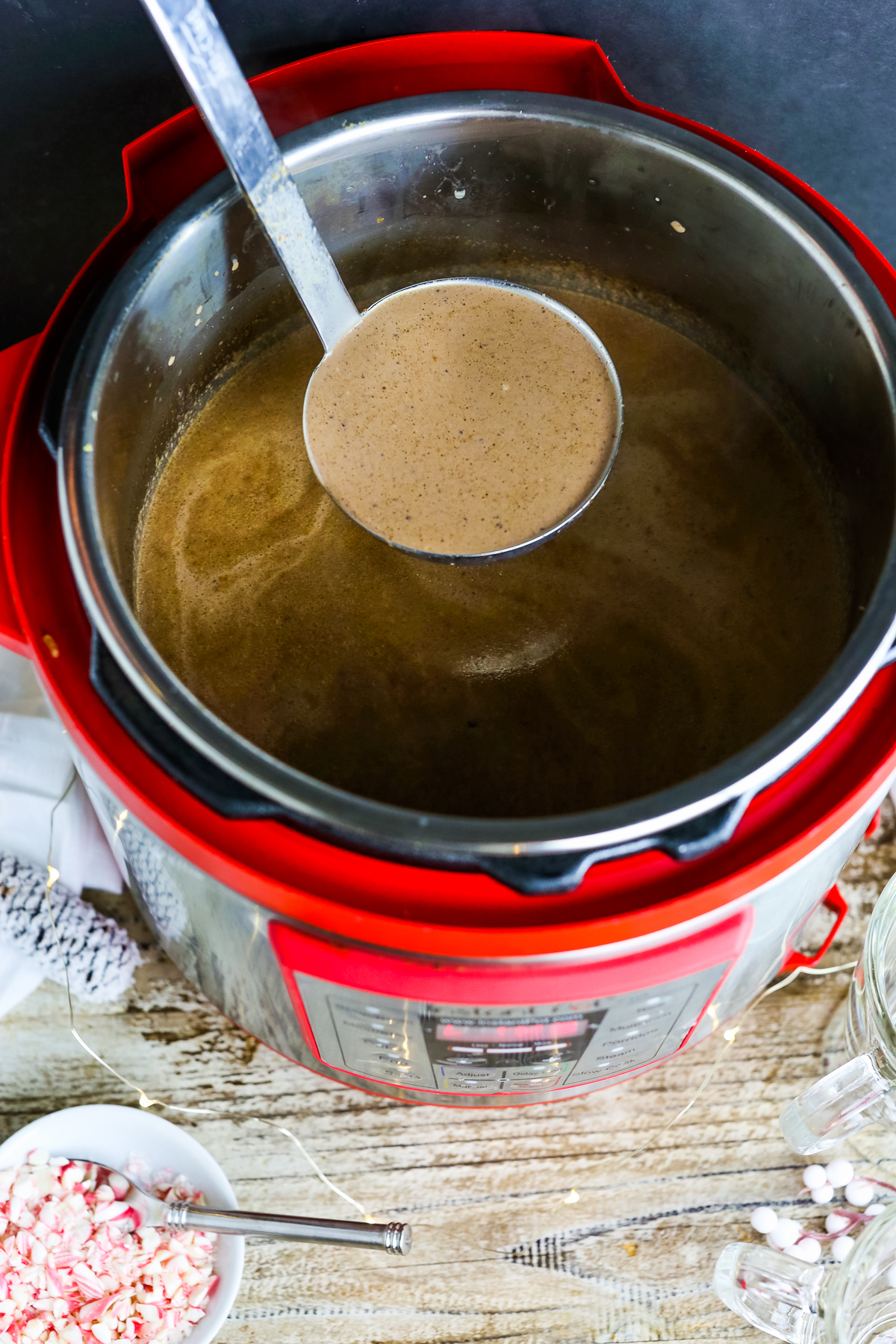 a ladle of hot chocolate overhead shot