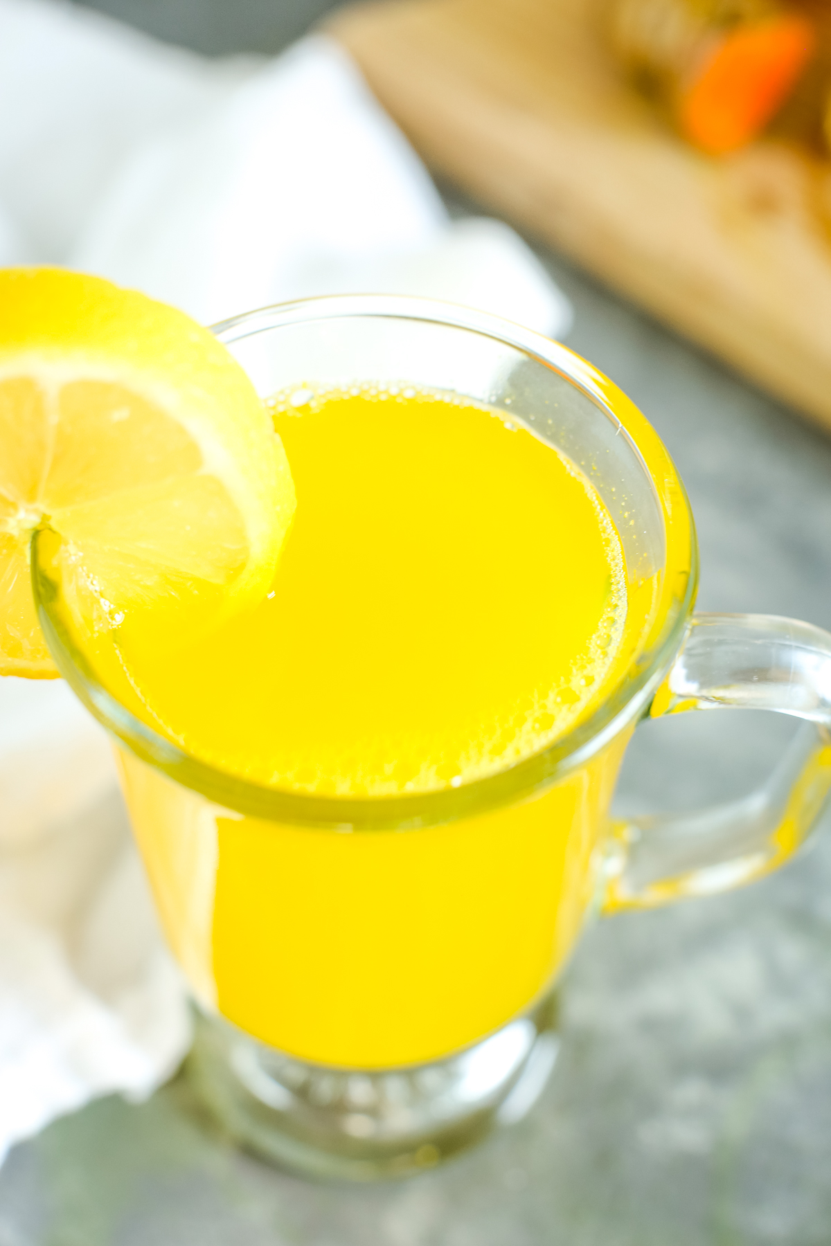 overhead shot of a yellow beverage