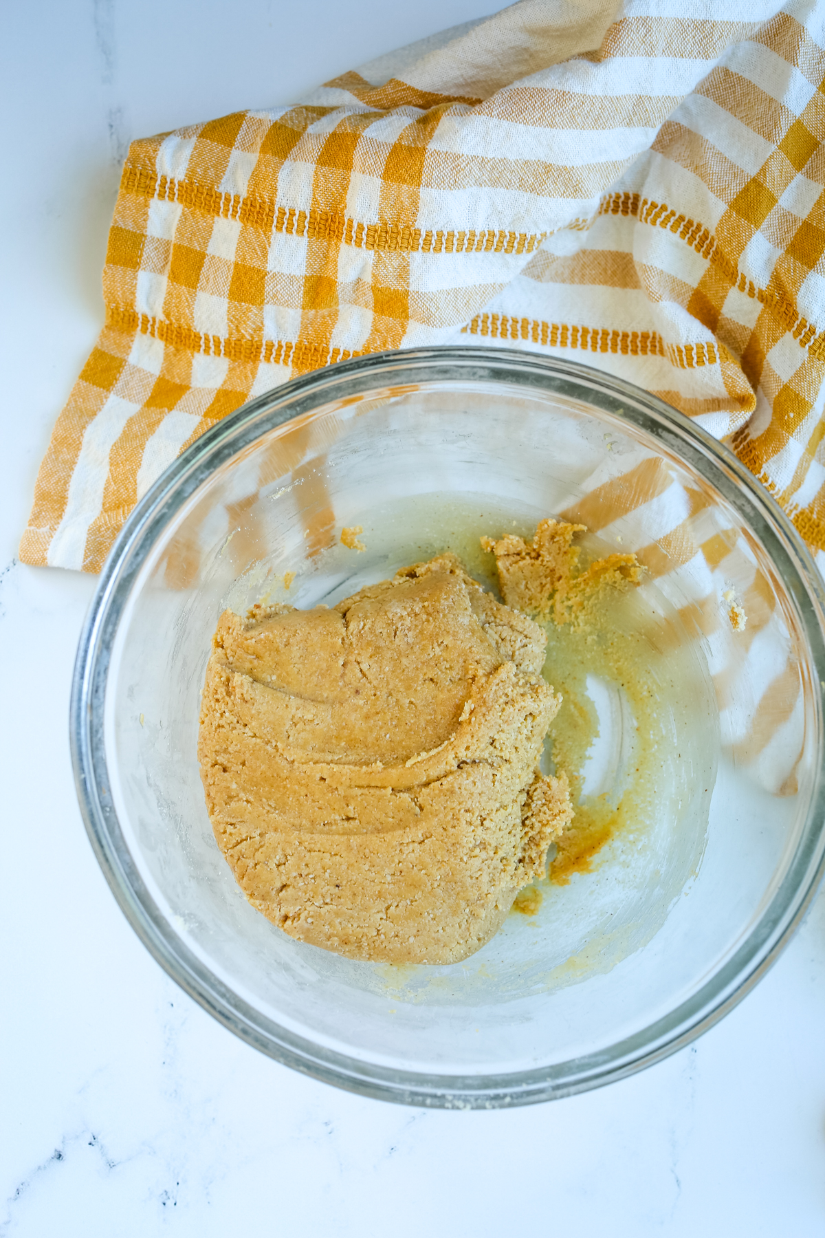 cookie batter in a glass bowl 