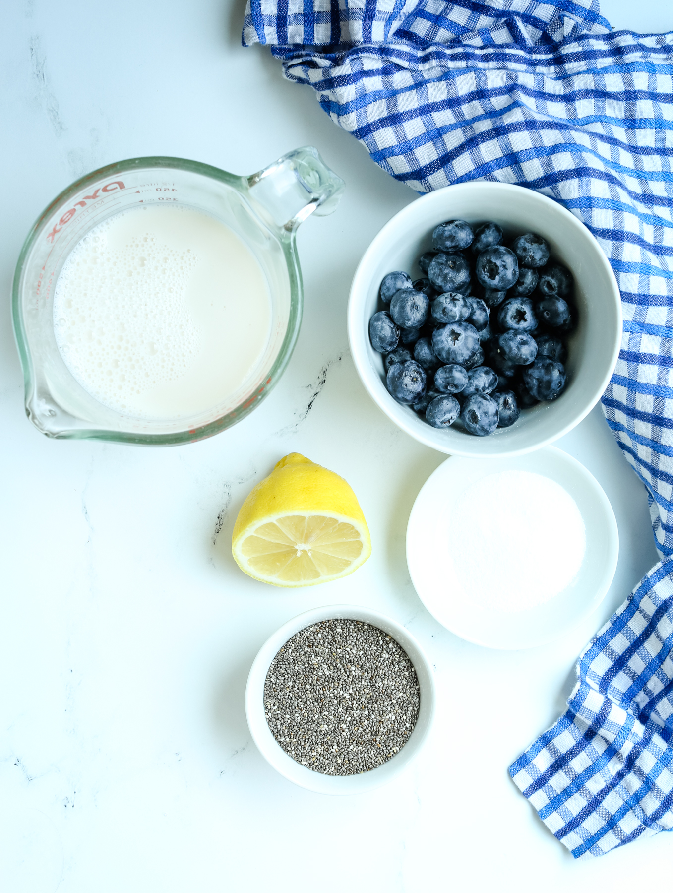 recipe ingredients overhead shot--milk, blueberries, lemon, chia seeds, and sweetener