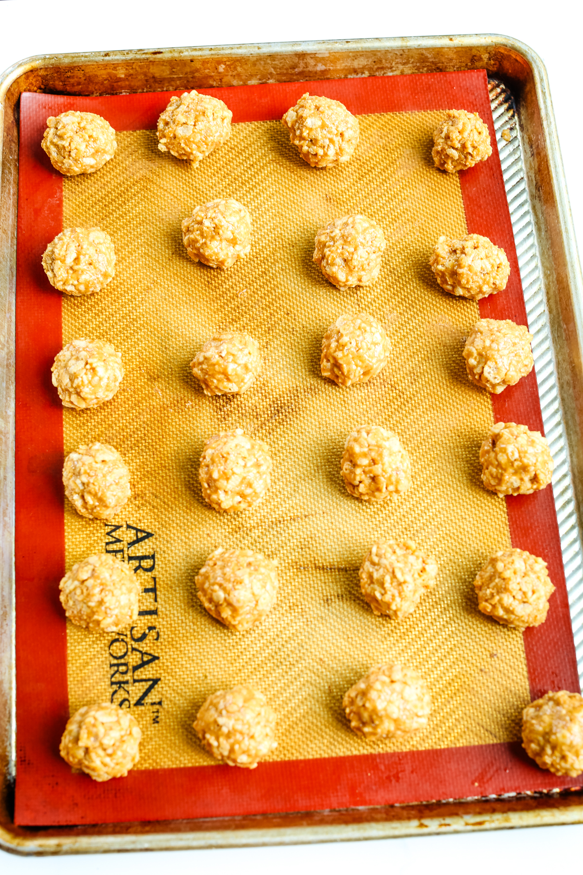 rice crispy balls on a tray