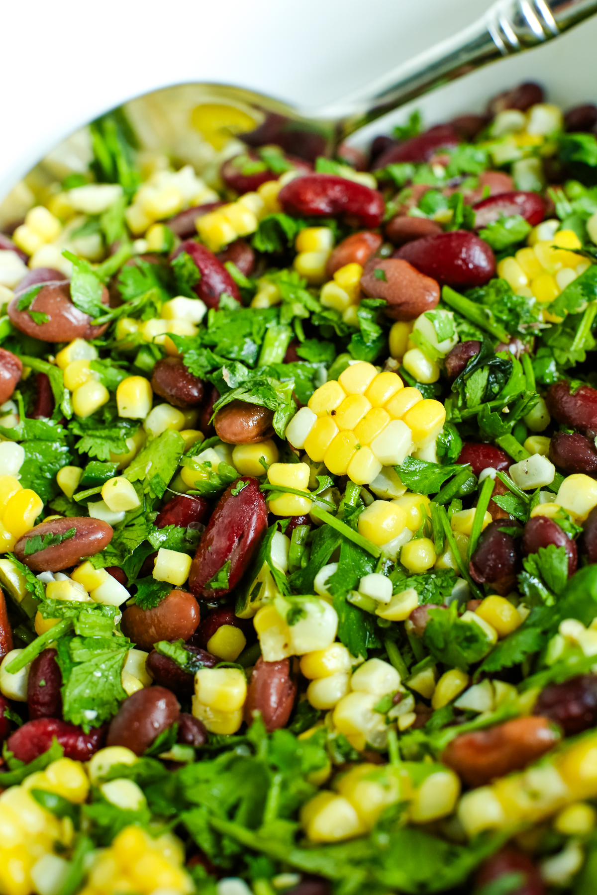 a close up of beans, fresh corn, cilantro in a white bowl