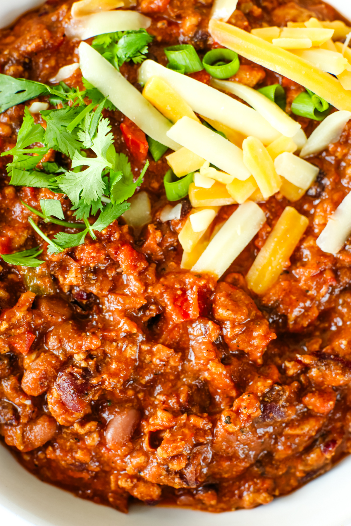 very close up photo showing the texture of turkey chili