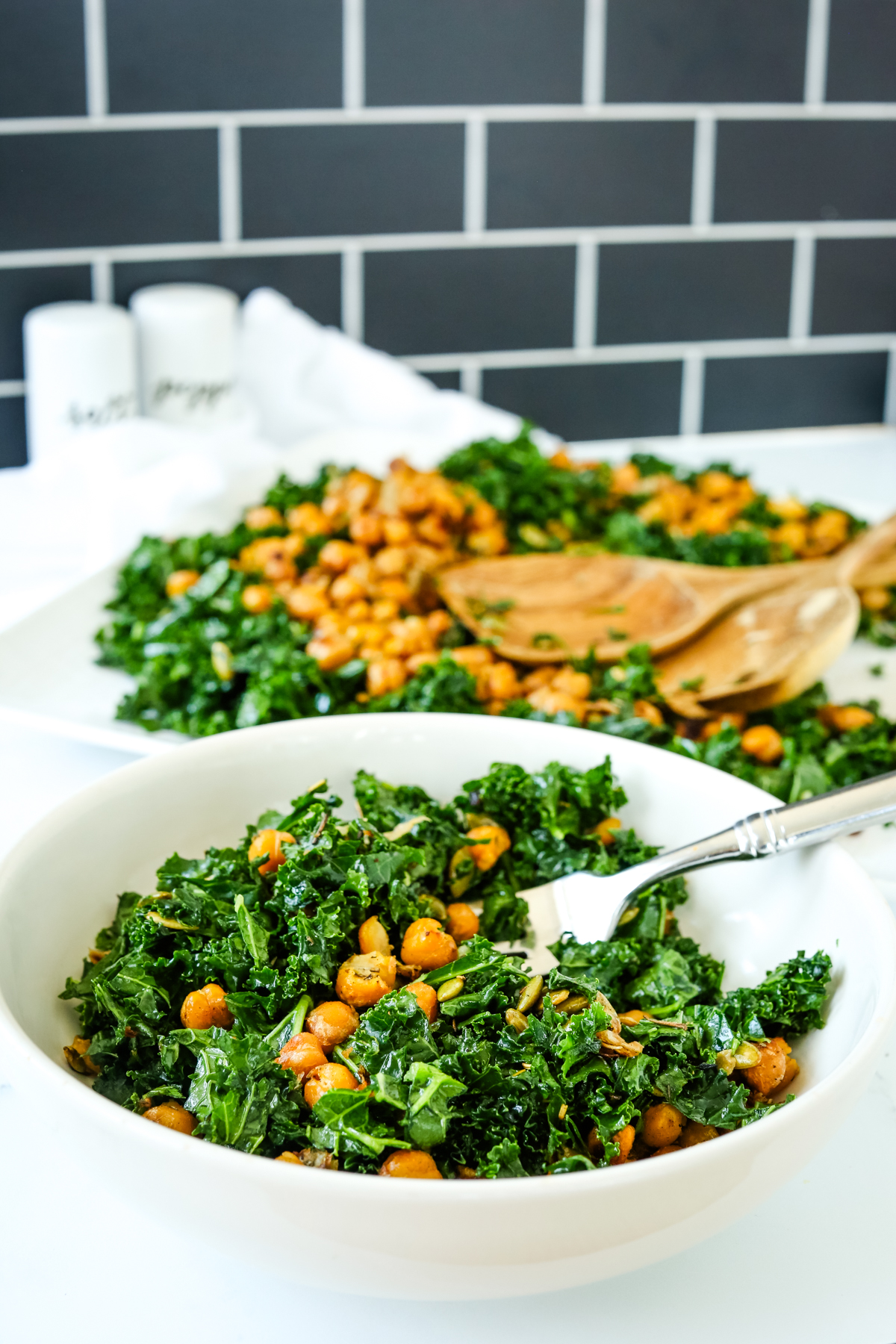 chickpea and kale salad in a bowl