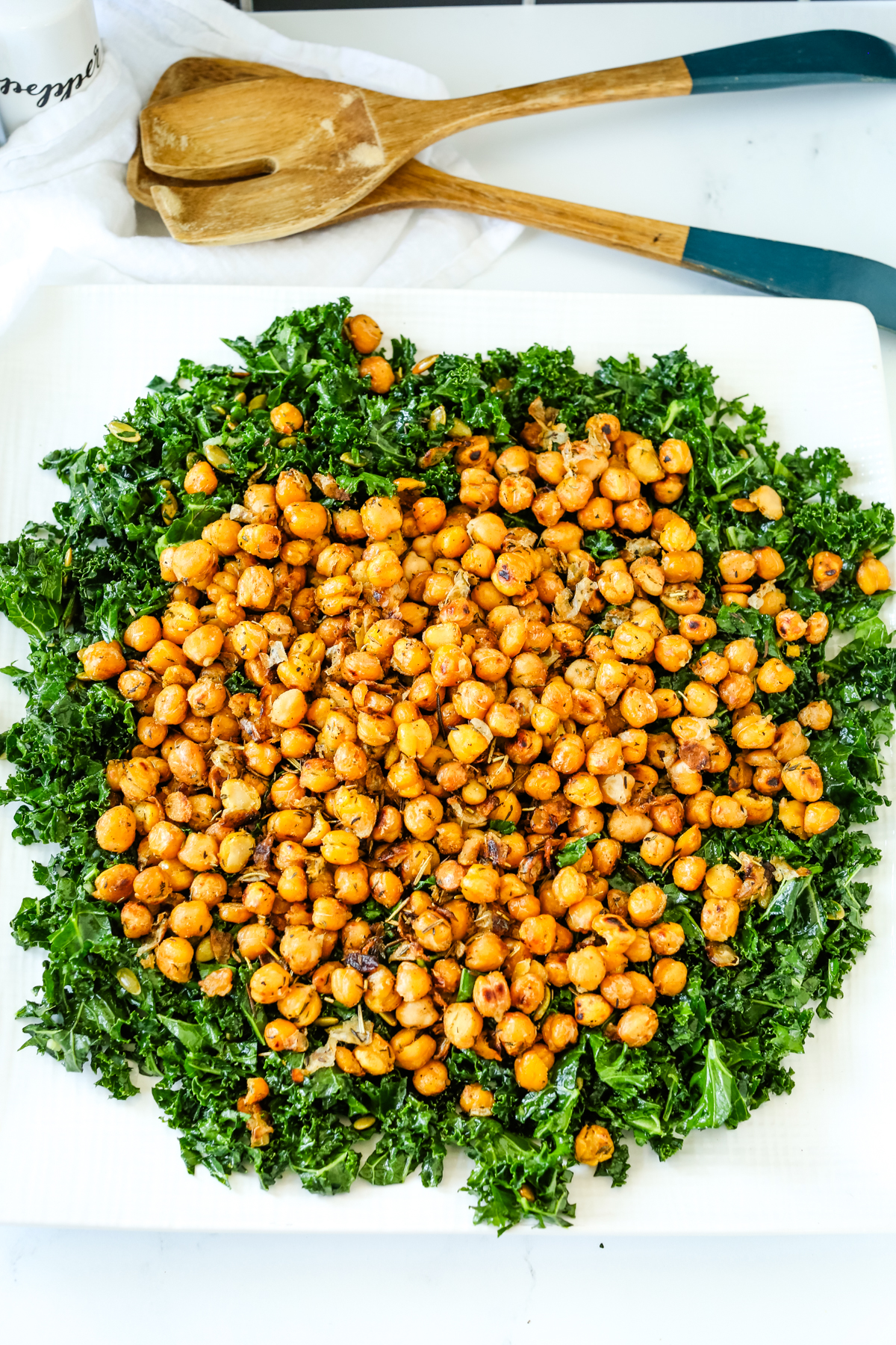 overhead shot of chickpea and kale salad