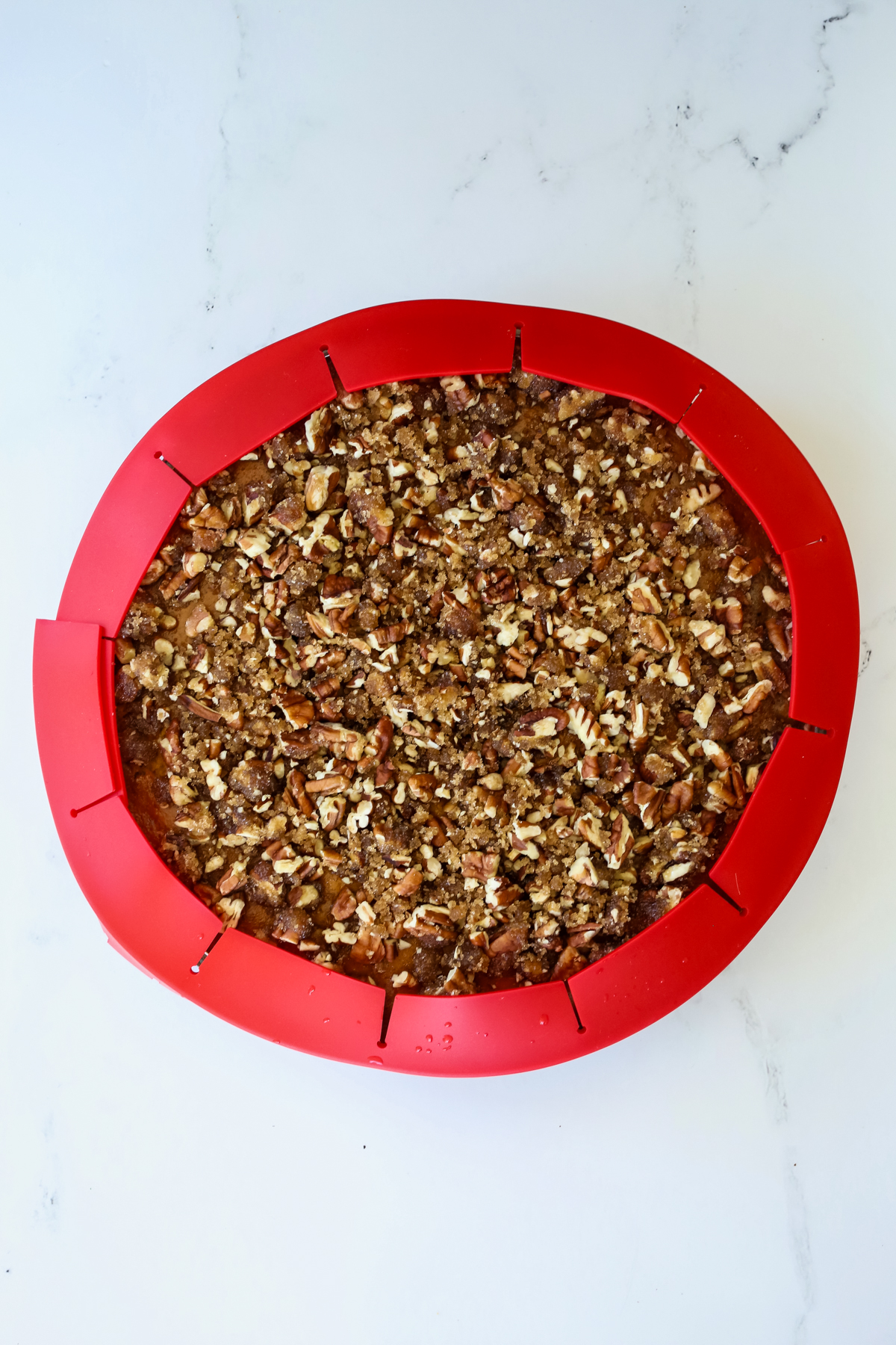 a pie with a silicone pie shield and pecan praline topping