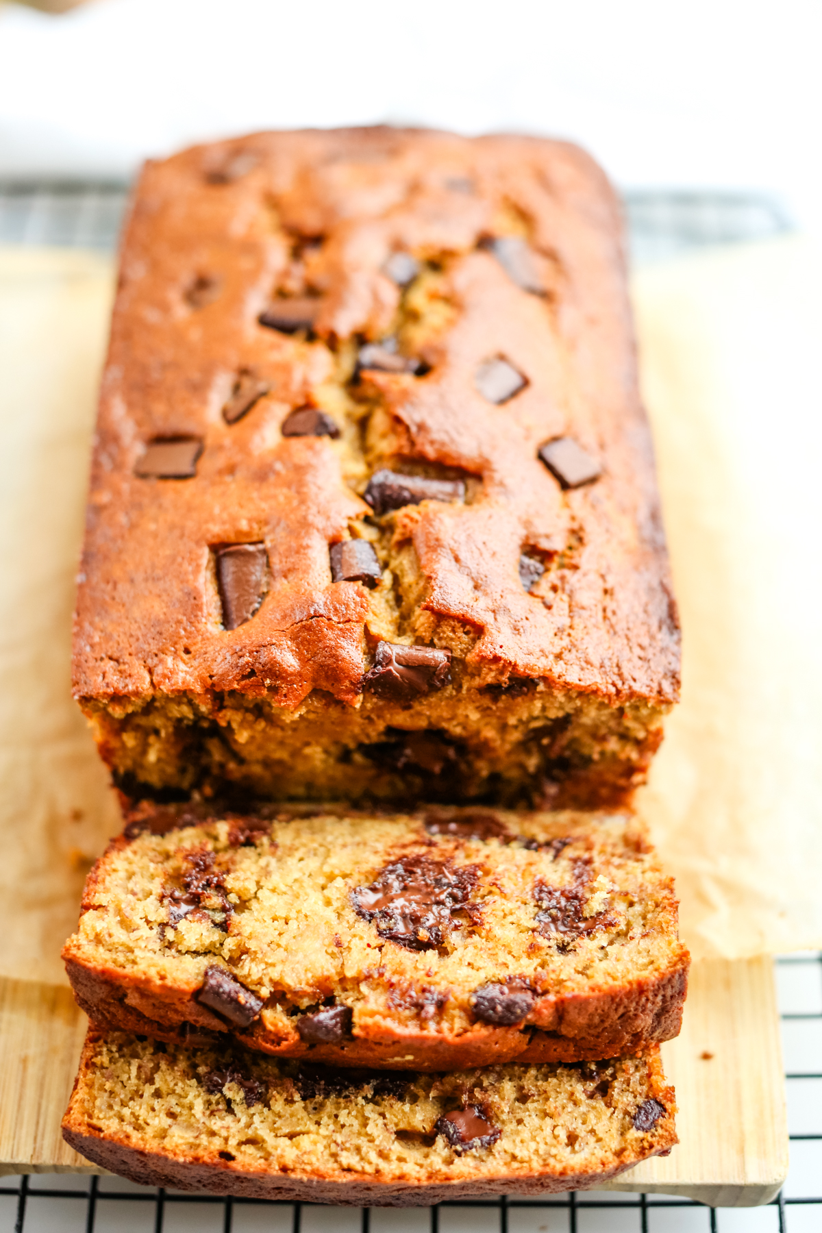 Banana Chocolate Chip Bread with two slices cut