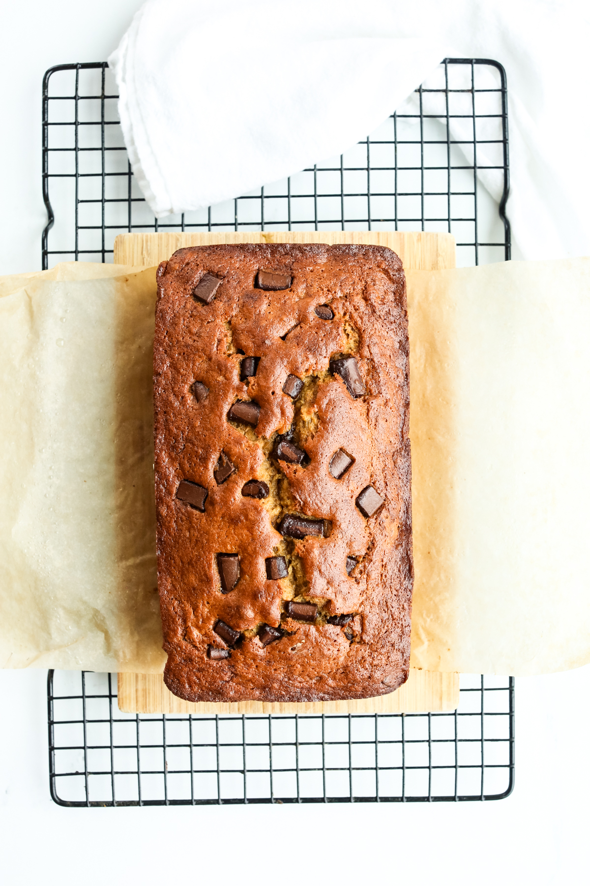 overhead shot of banana chocolate chip banana bread