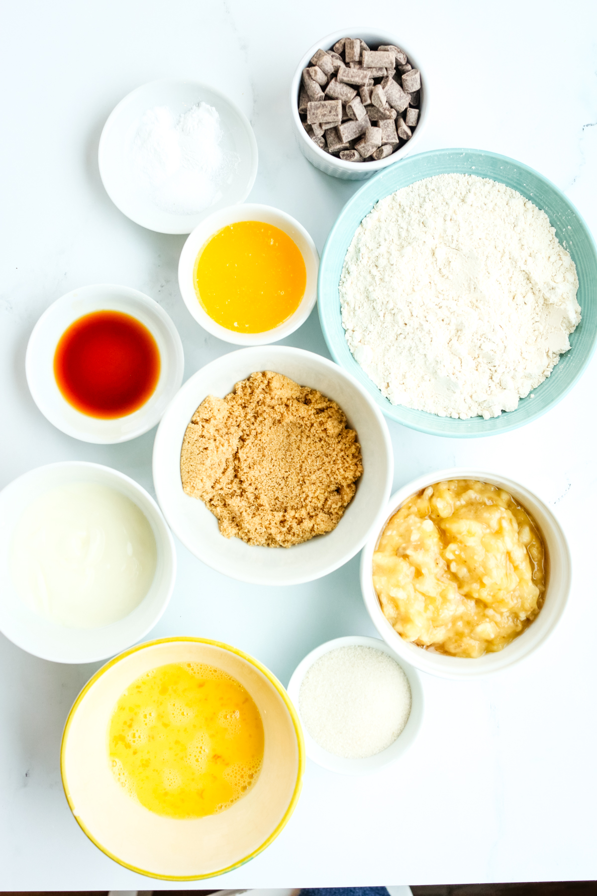 overhead shot of ingredients for banana chocolate chip bread