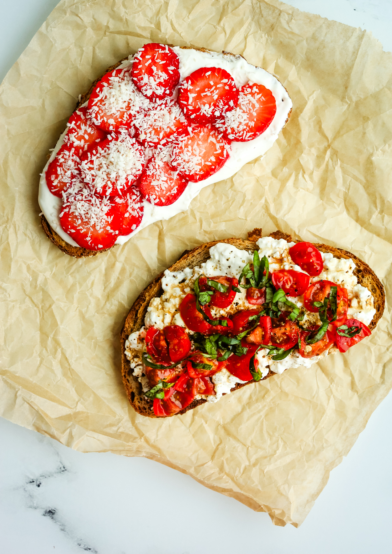 2 slices of cottage cheese toast with different toppings