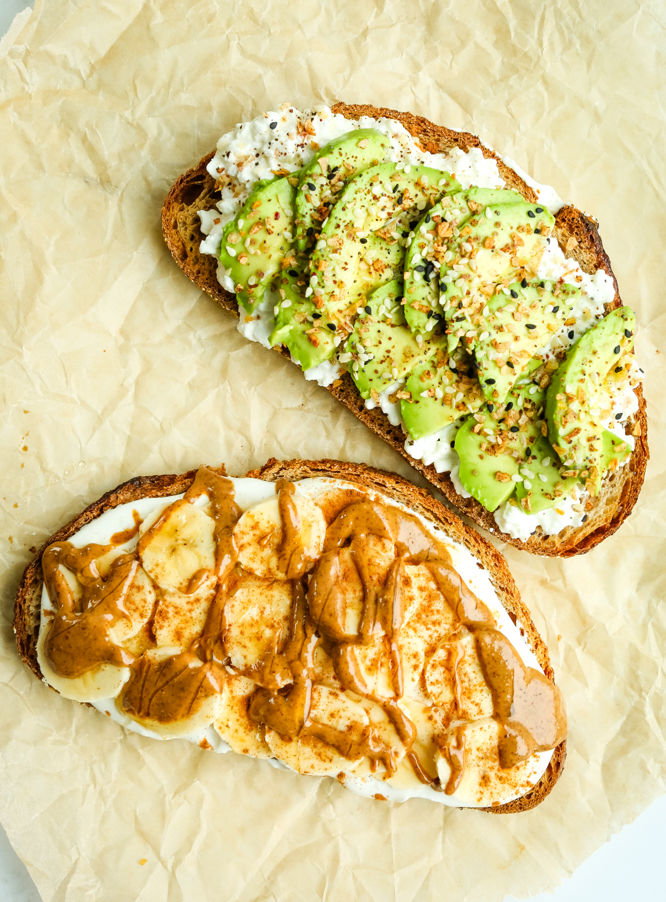 2 slices of cottage cheese toast with different toppings