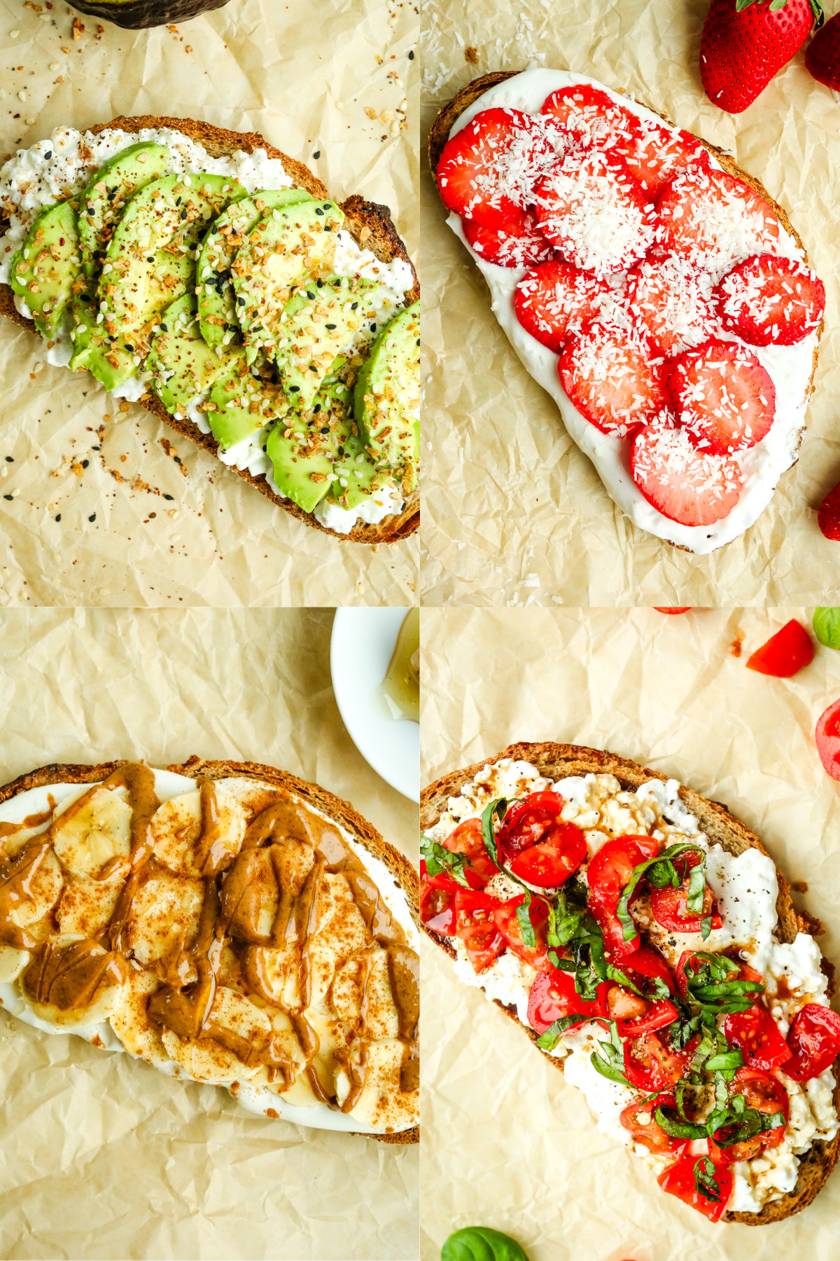Cottage Cheese Toast 4 ways a collage of 4 pictures showing the different toppings