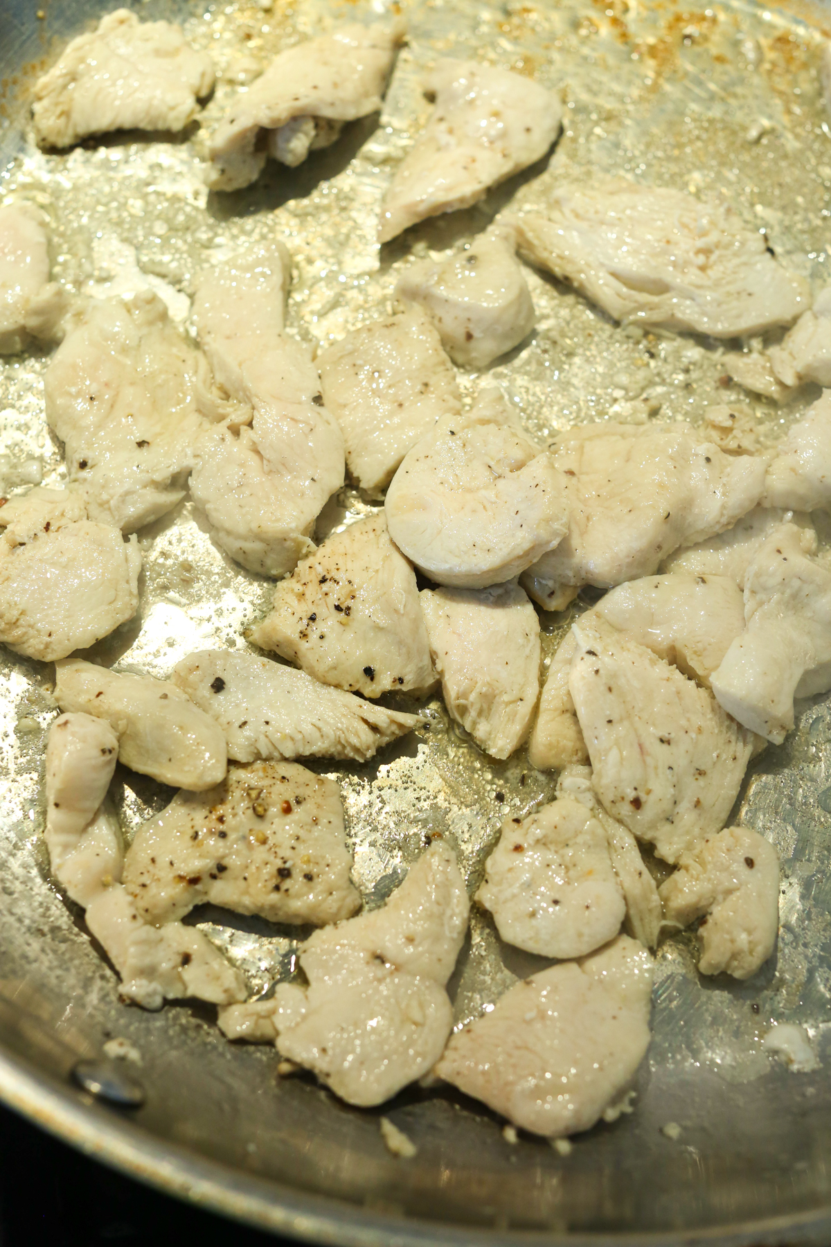 chicken breasts pieces in a skillet