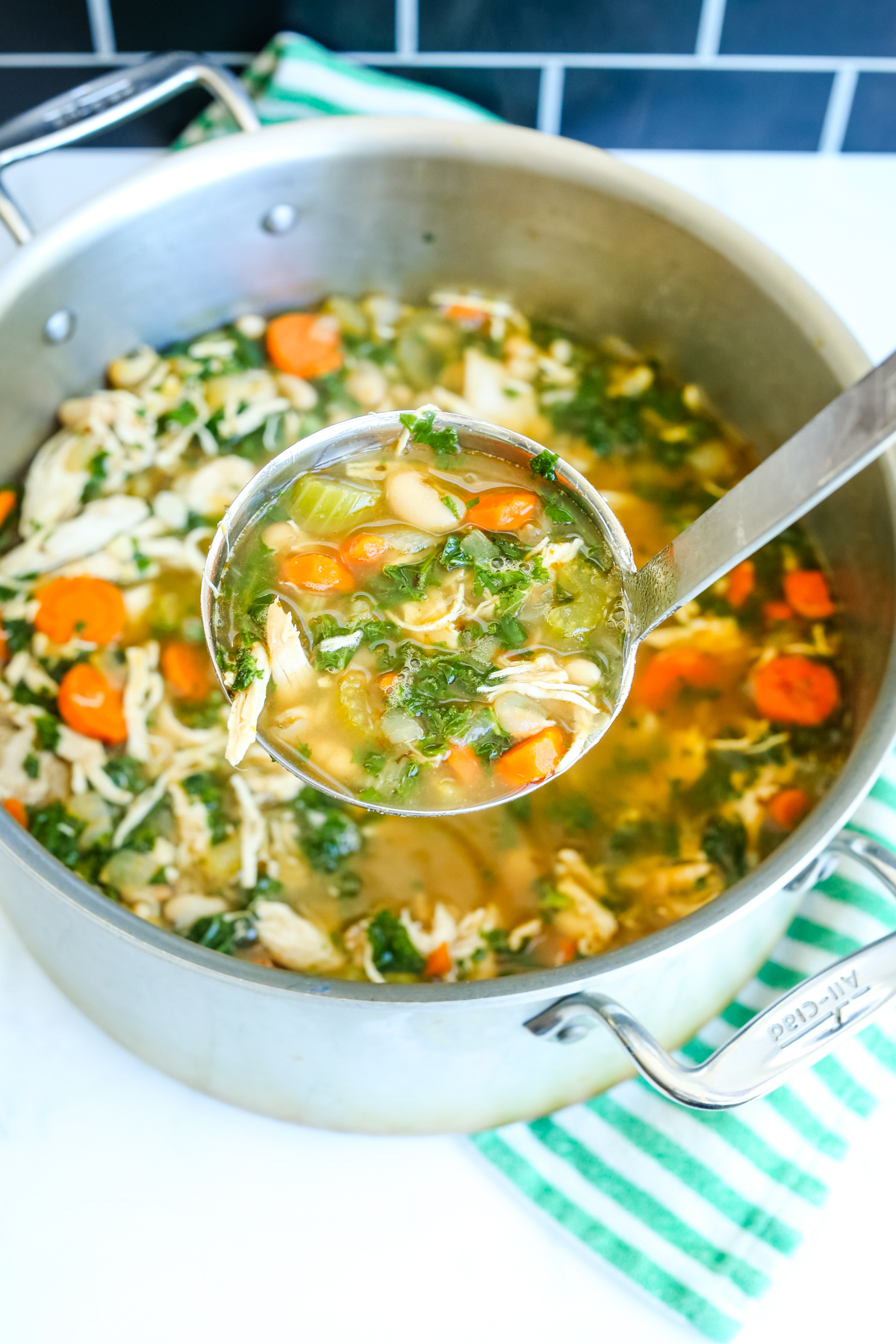 a big pot of chicken white bean soup with a ladle 