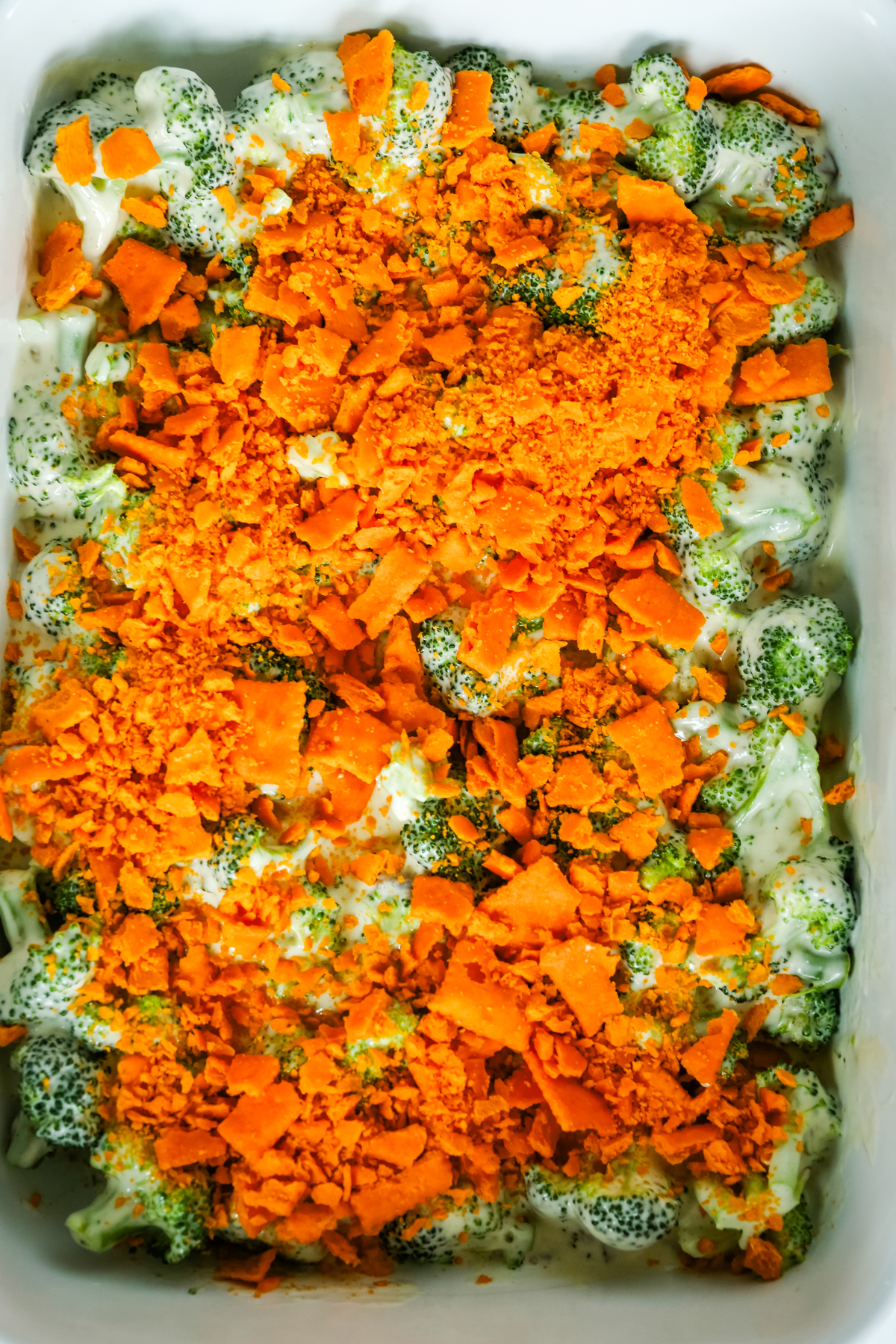 cheddar crackers crumbled on top of broccoli 