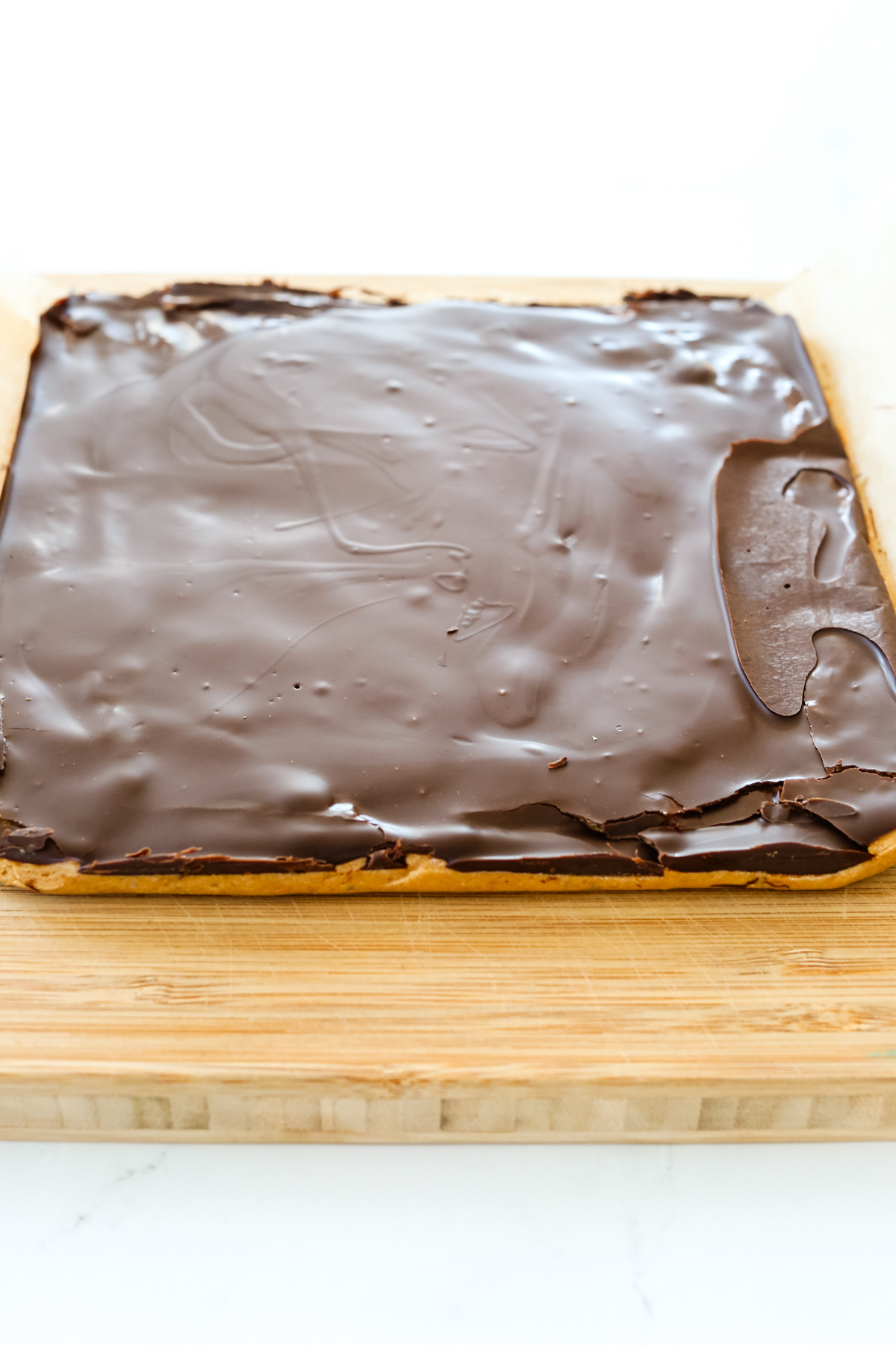 a rectangle of chocolate topping with tan bottom