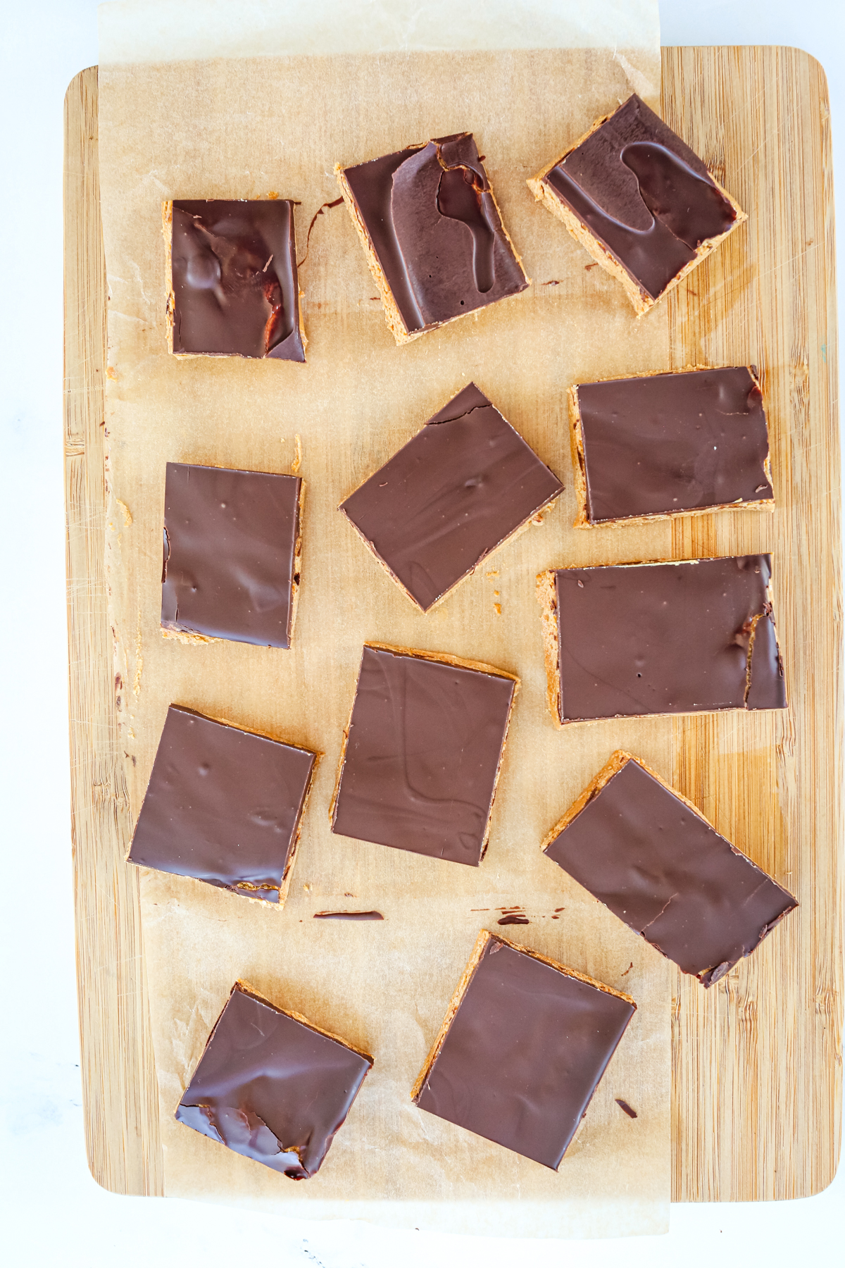 chocolate peanut butter protein bars overhead shot