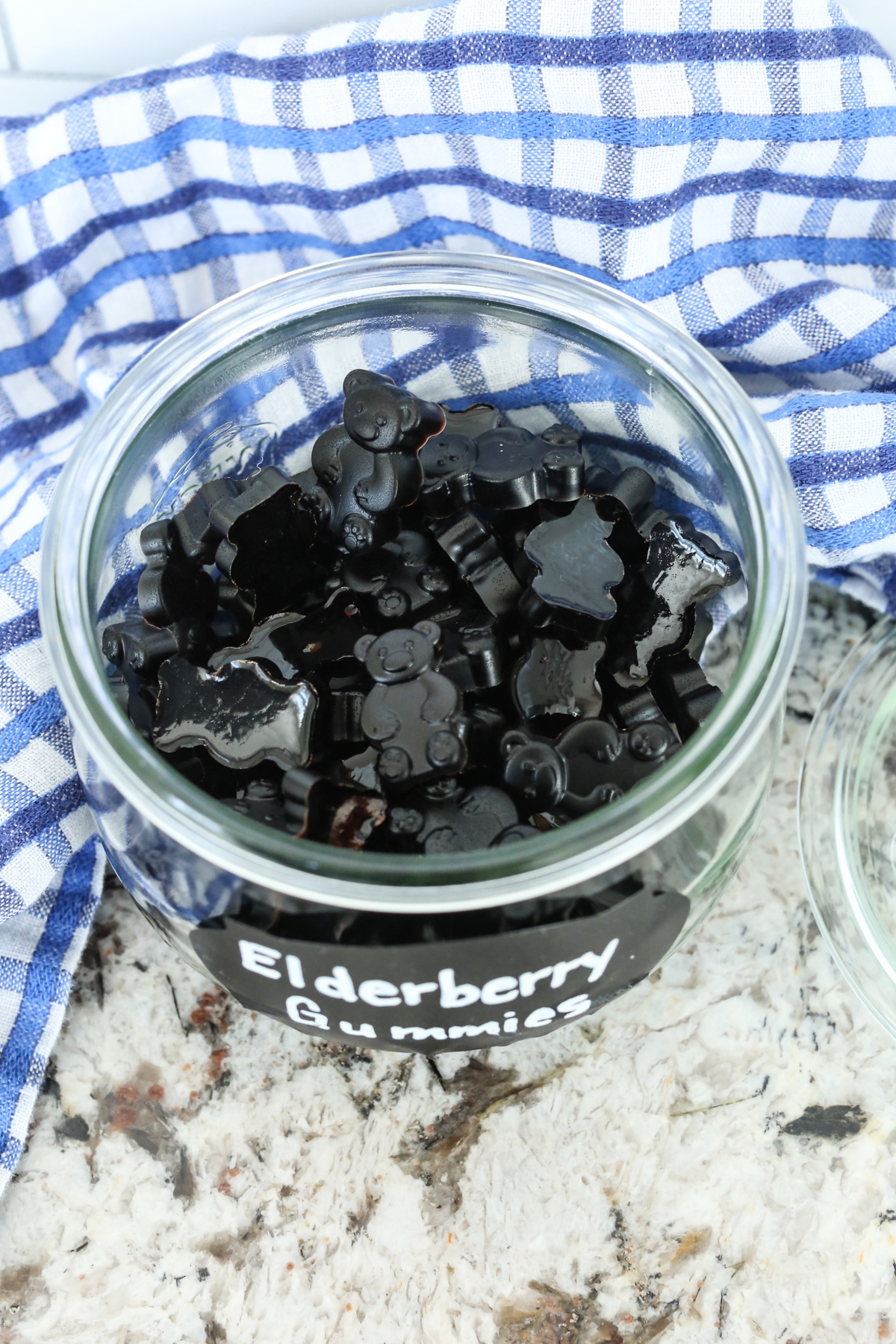 Elderberry gummies in a labeled jar