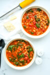 Two bowls of mediterranean soup with parmesan cheese between them