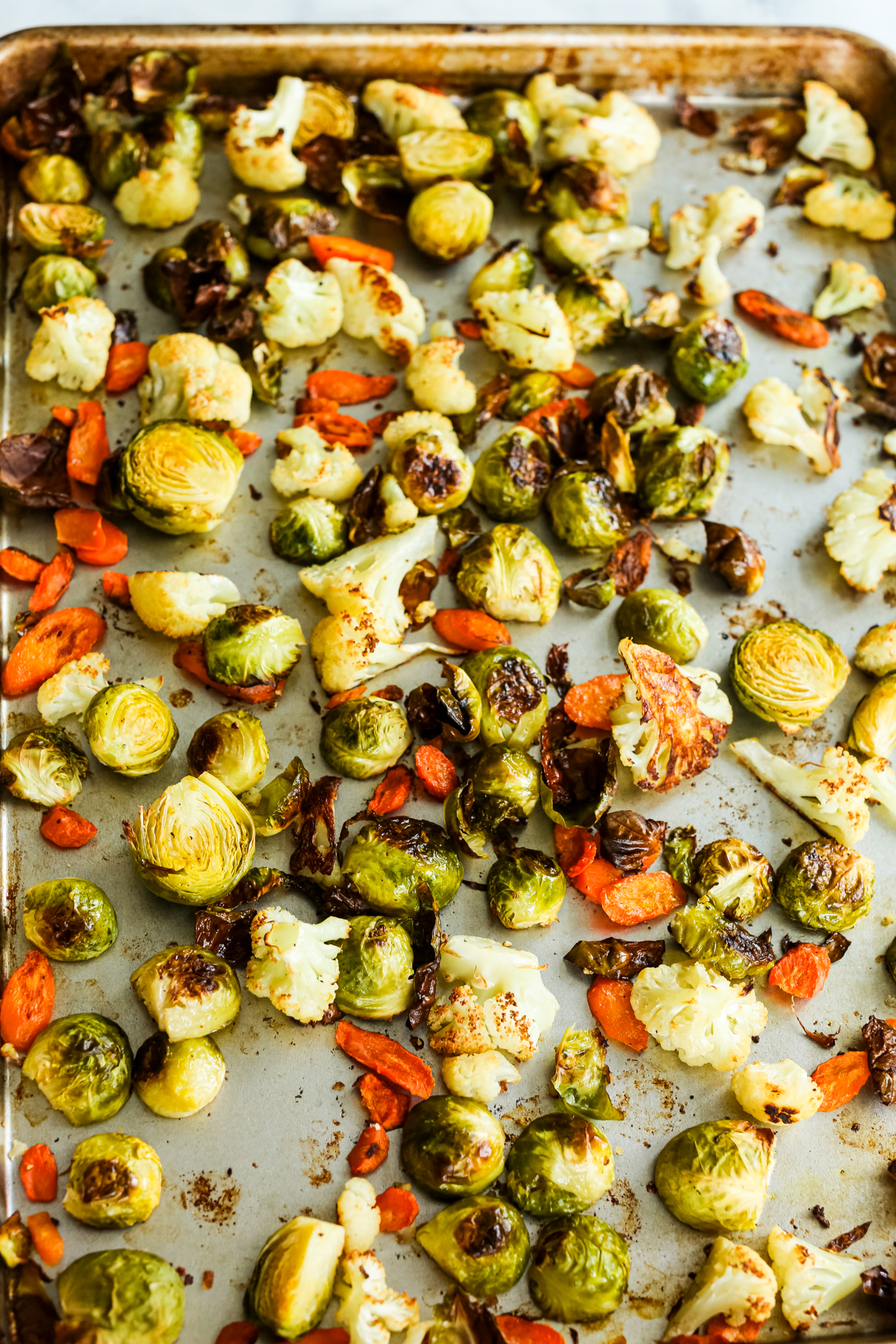 roasted vegetables on a baking sheet 