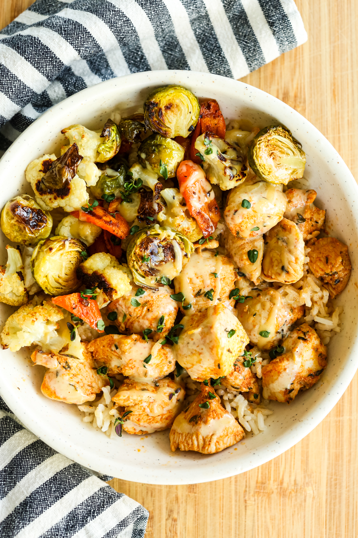 a close up shot of the finished chicken and rice bowl 