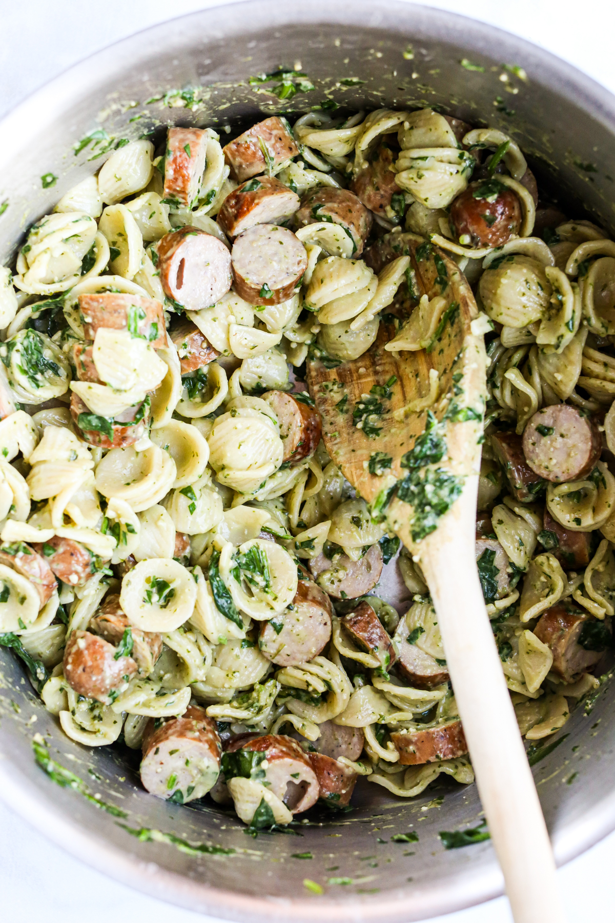 a big pot of orecchiette pasta with chicken sausage