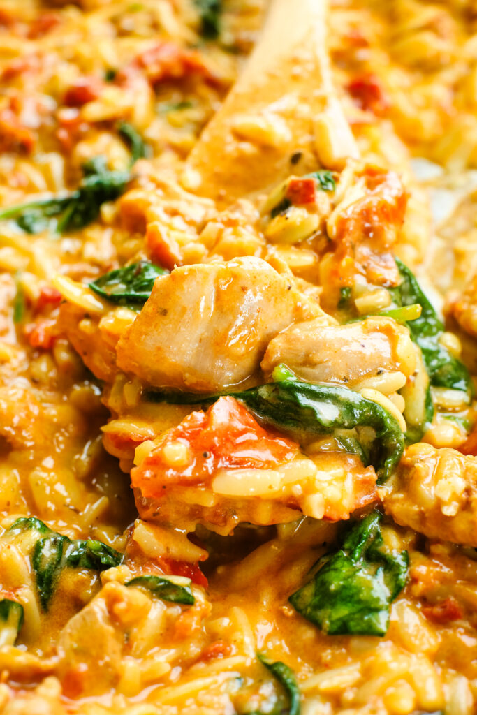 close up shot of Marry Me Chicken Orzo