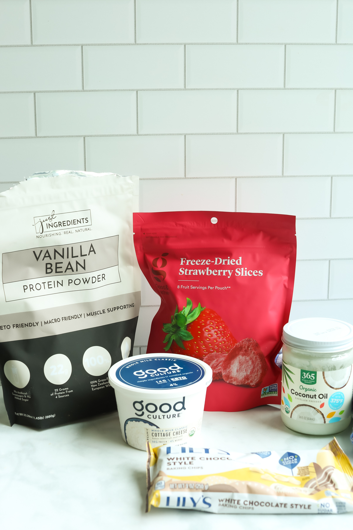 ingredients on a counter for strawberry protein bites