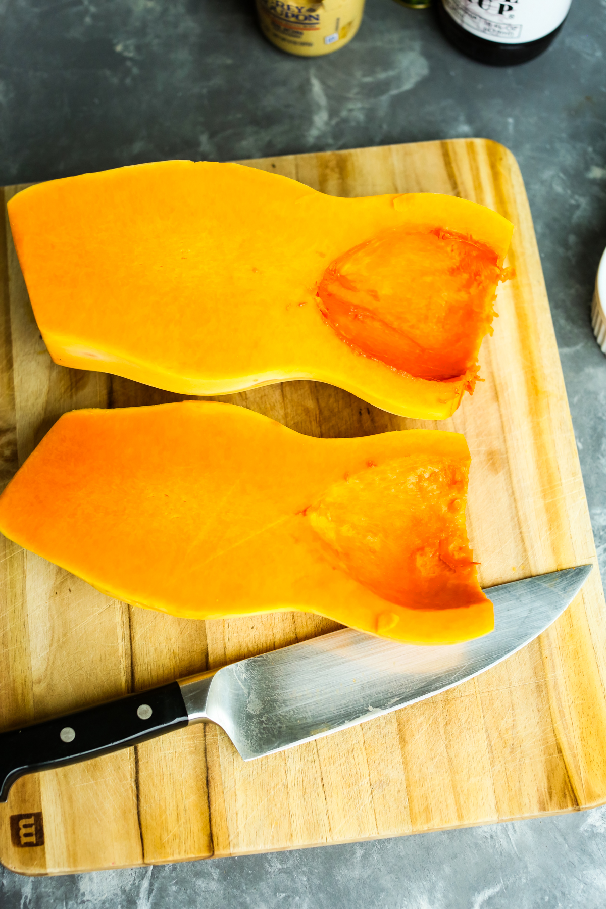 A butternut squash cut in half