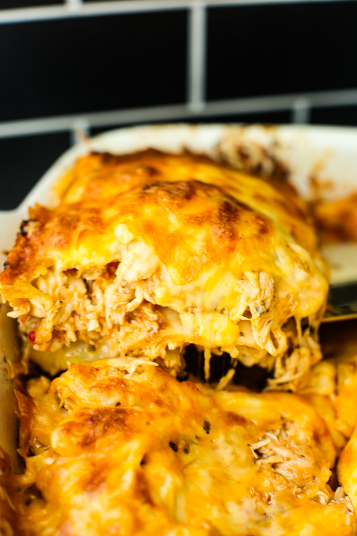 close up photo of chicken taco casserole 