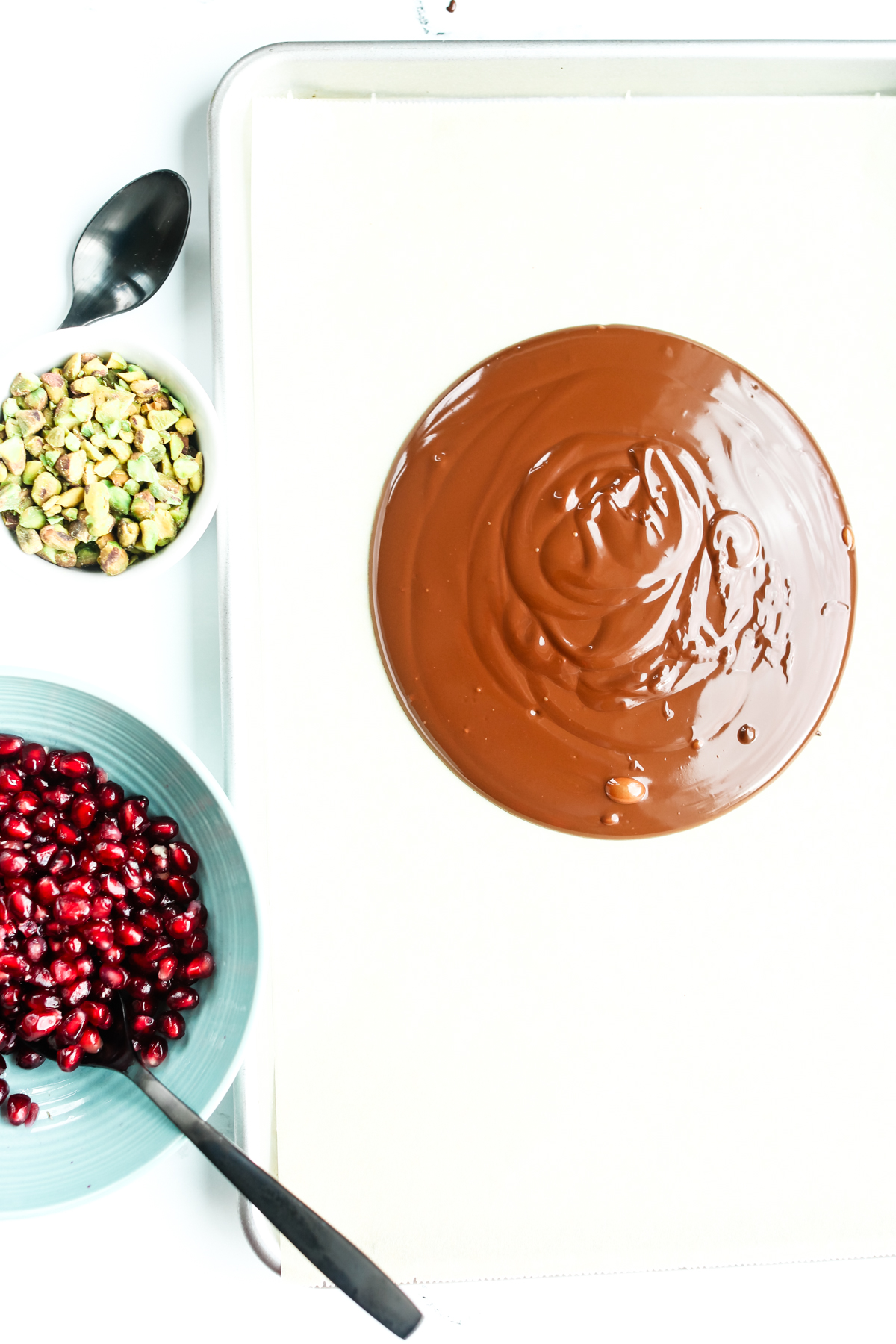 melted chocolate on a a baking sheet