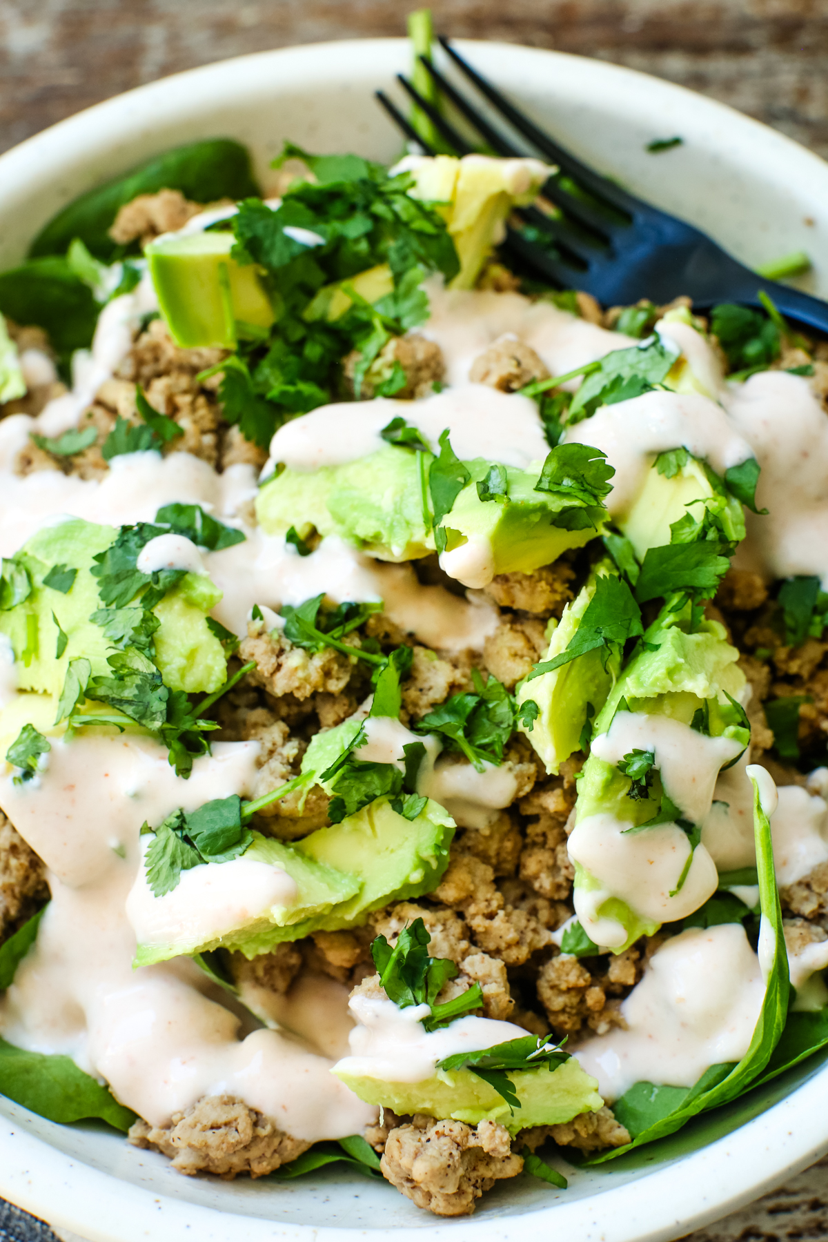 a close up shot of ground turkey taco bowls 