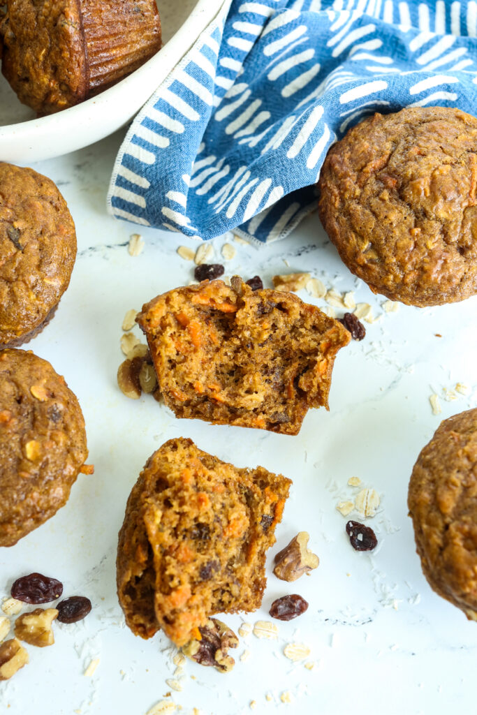 a broken morning glory protein muffin on a counter