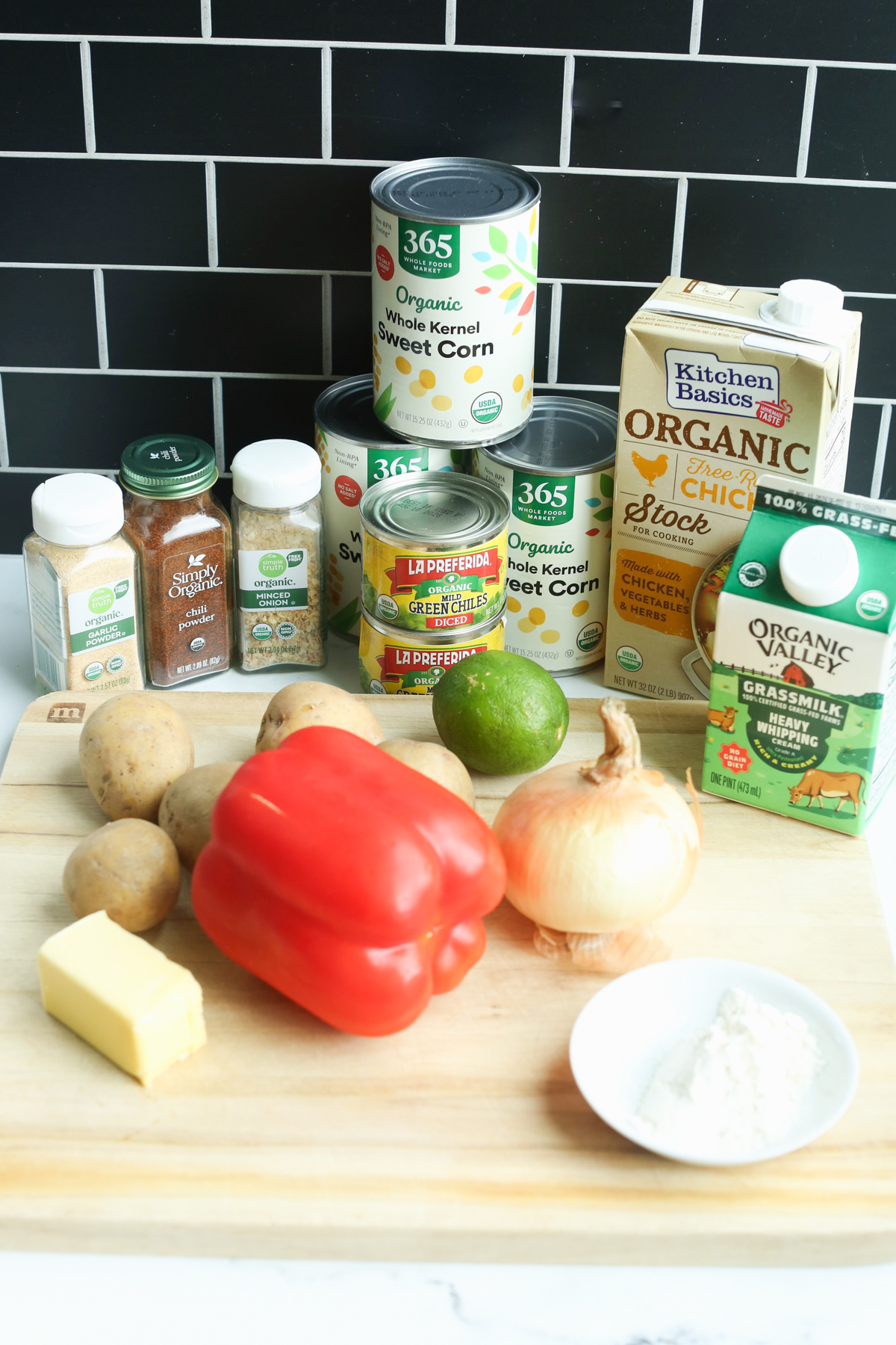 recipe ingredients on a counter and board