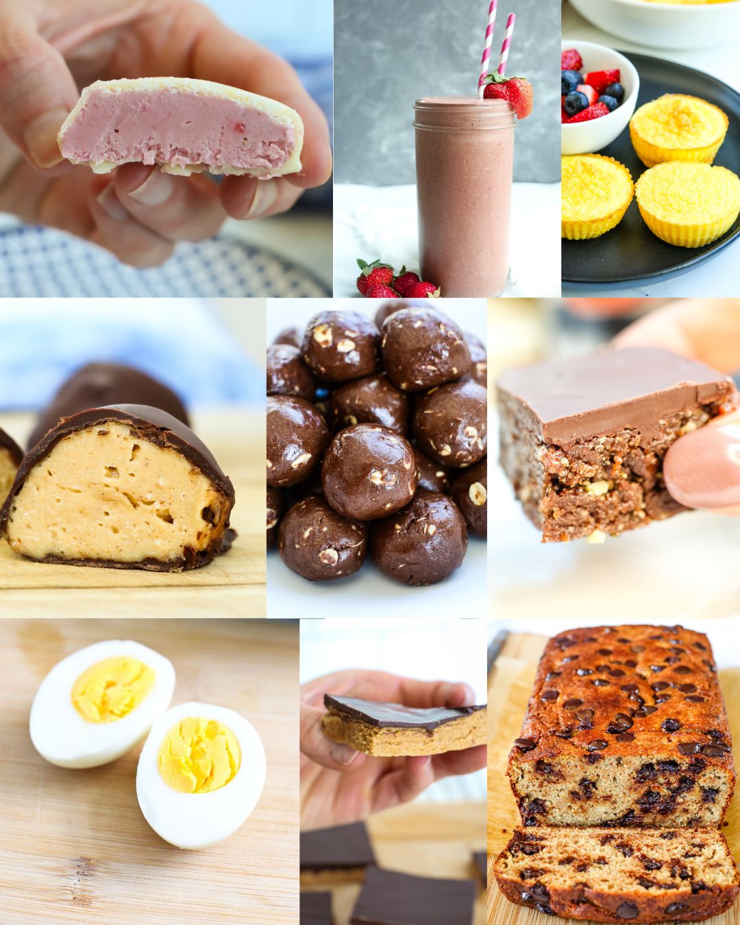 a collage of photos with high protein snacks