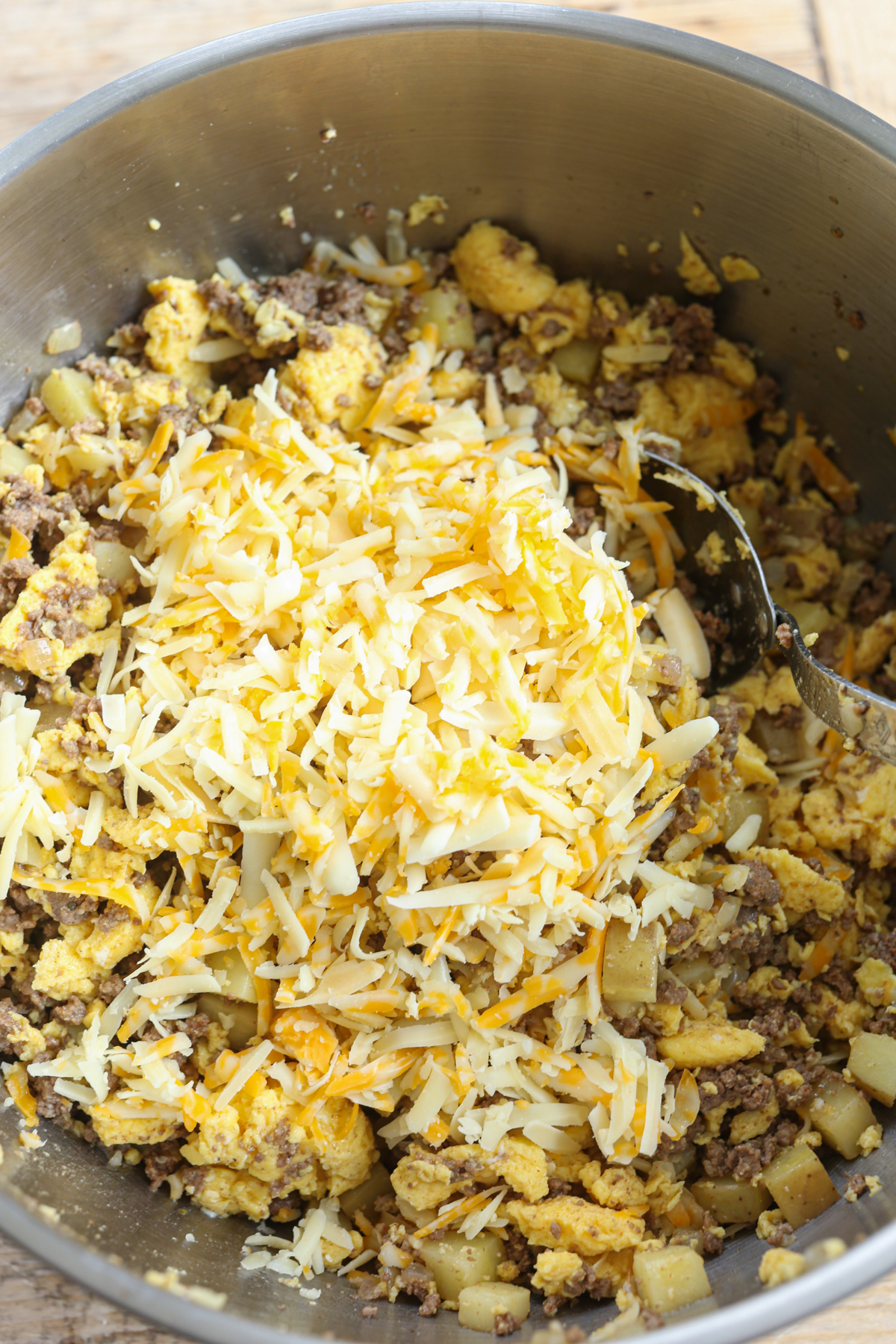 breakfast burrito filling in a large bowl